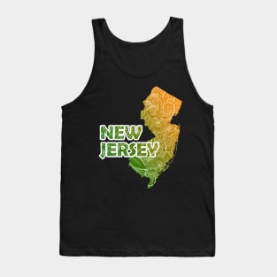 Colorful mandala art map of New Jersey with text in green and orange Tank Top